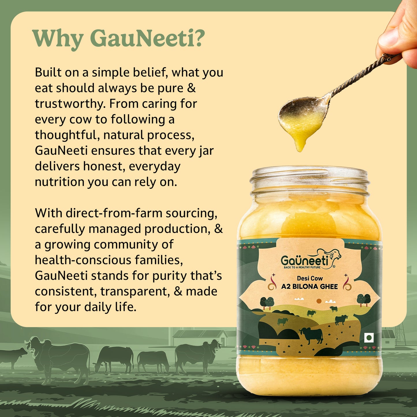 Jar of GauNeeti ghee with a spoonful being lifted, text about the brand's values.