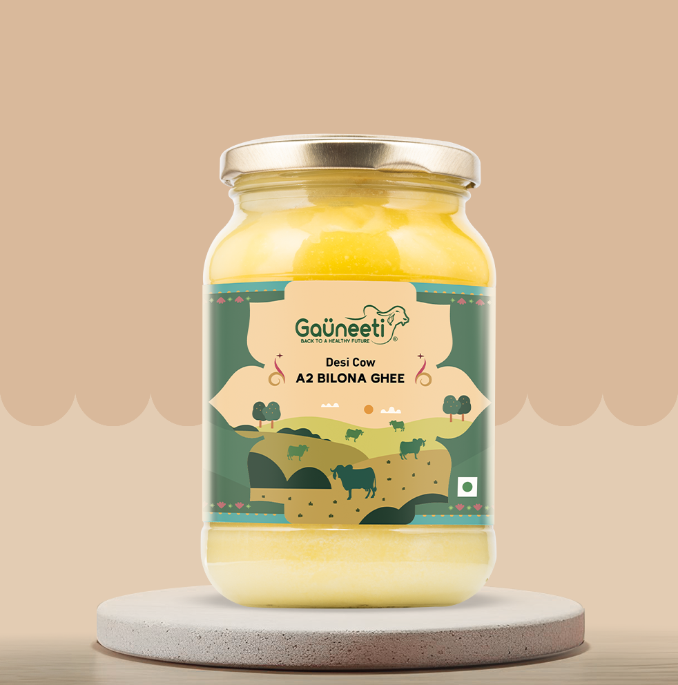 Jar of Gauneeti ghee with a decorative label on a beige background.