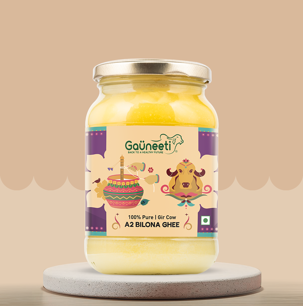 Jar of Gauneeti ghee on a beige background.