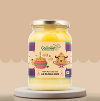 Jar of Gauneeti ghee on a beige background.