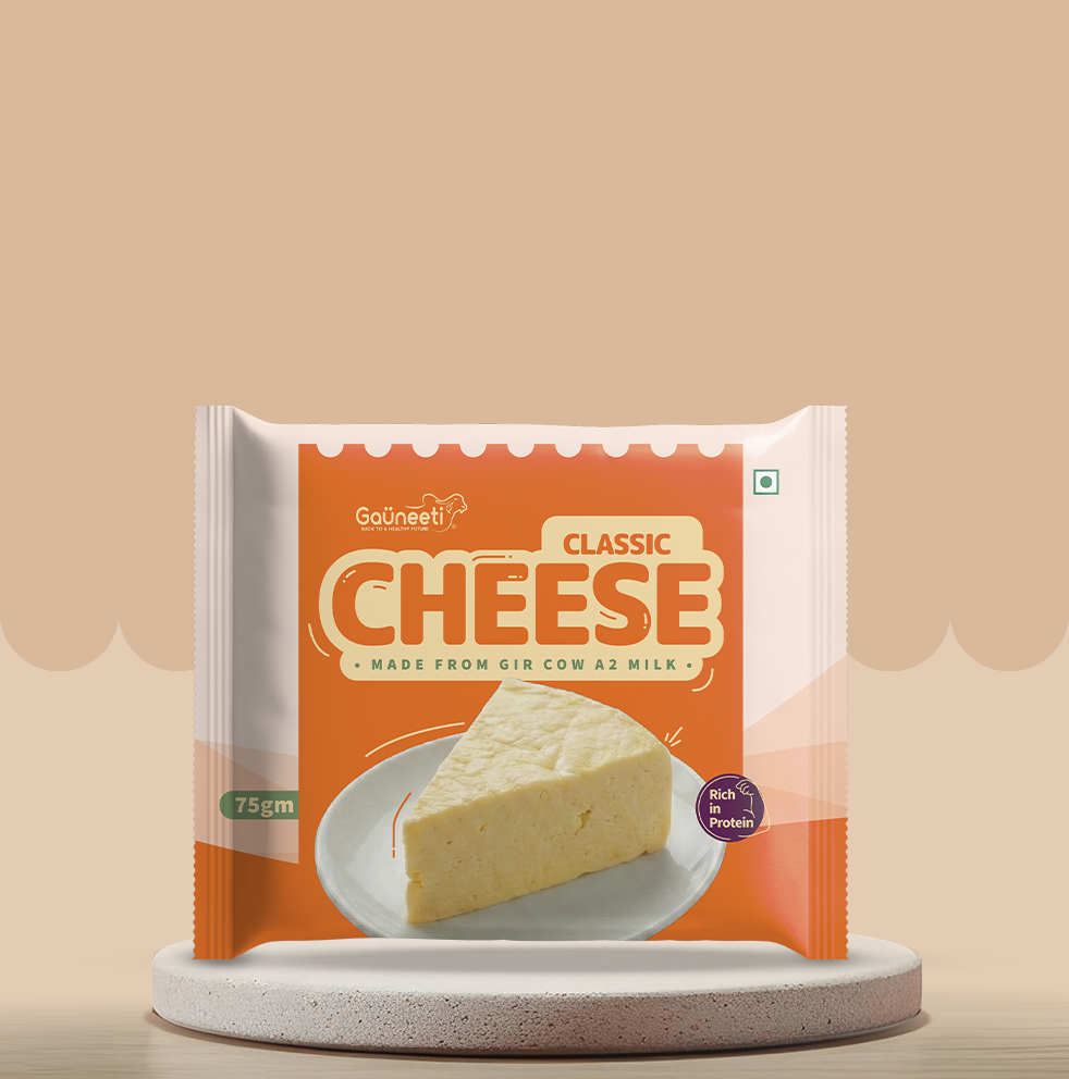 Package of Gournet Classic Cheese on a beige background
