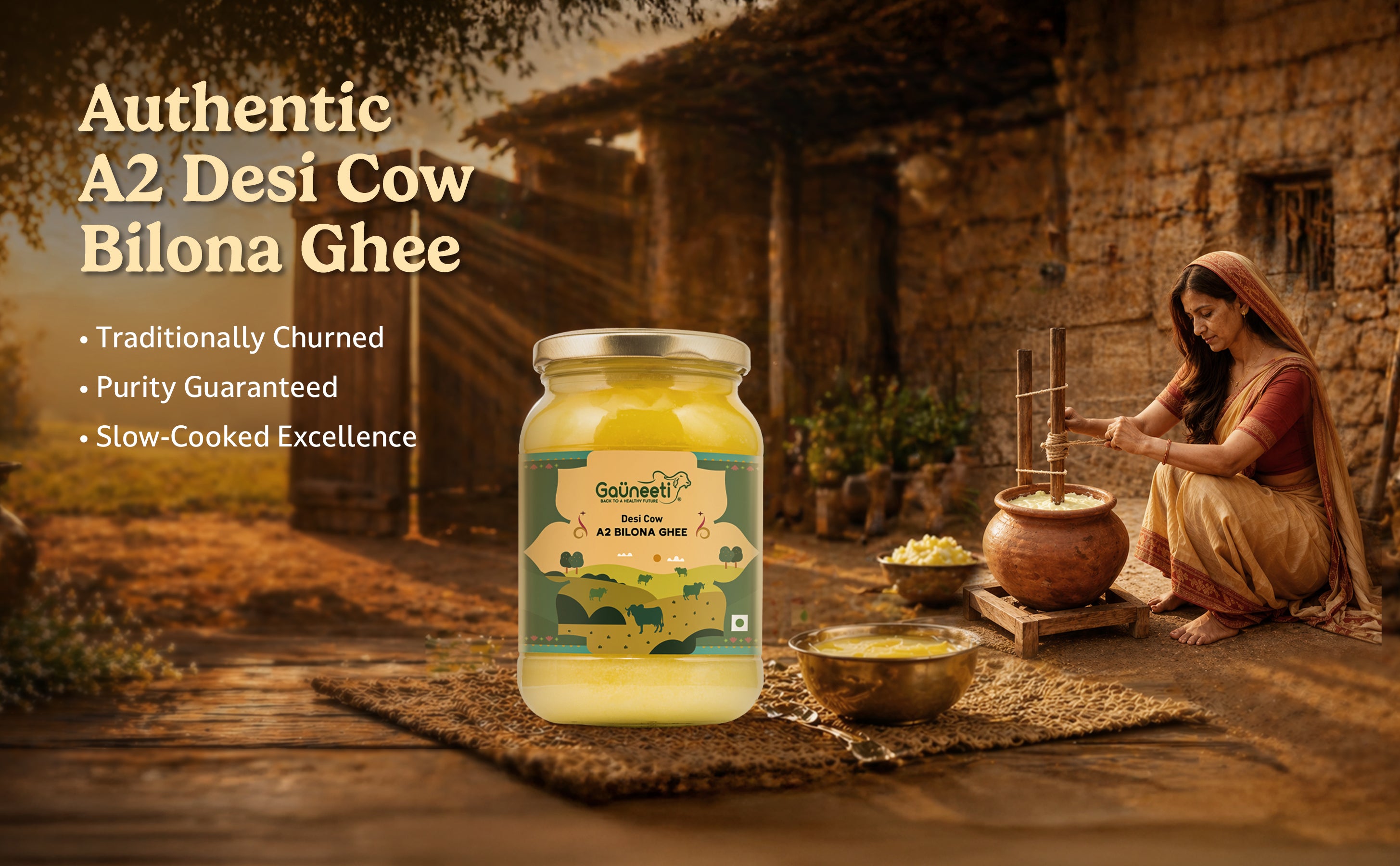 Jar of Gauneeti A2 Desi Cow Bilona Ghee with a woman cooking in the background.