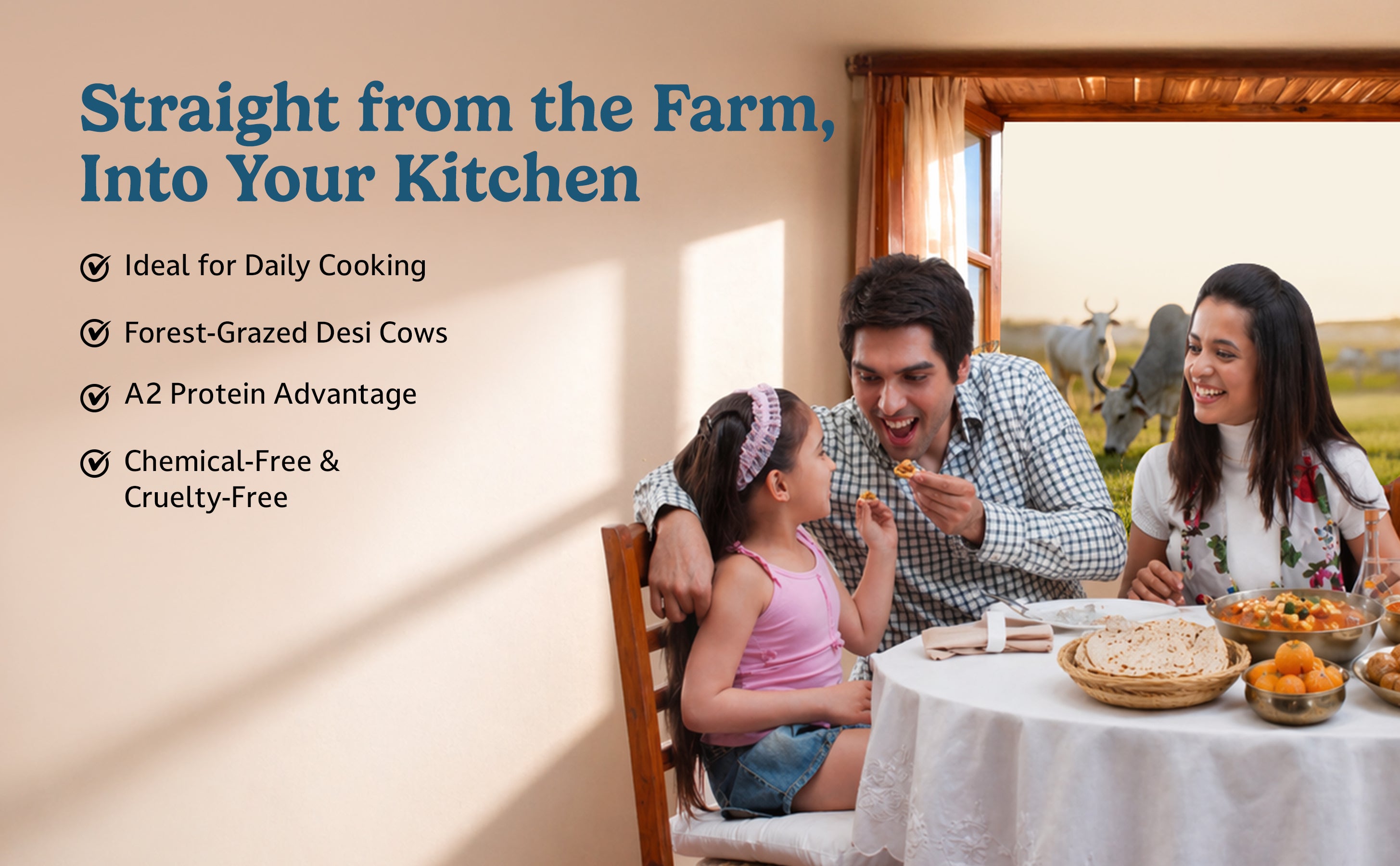 Family at a dining table with a scenic background of cows and fields, promoting organic or farm-direct products.