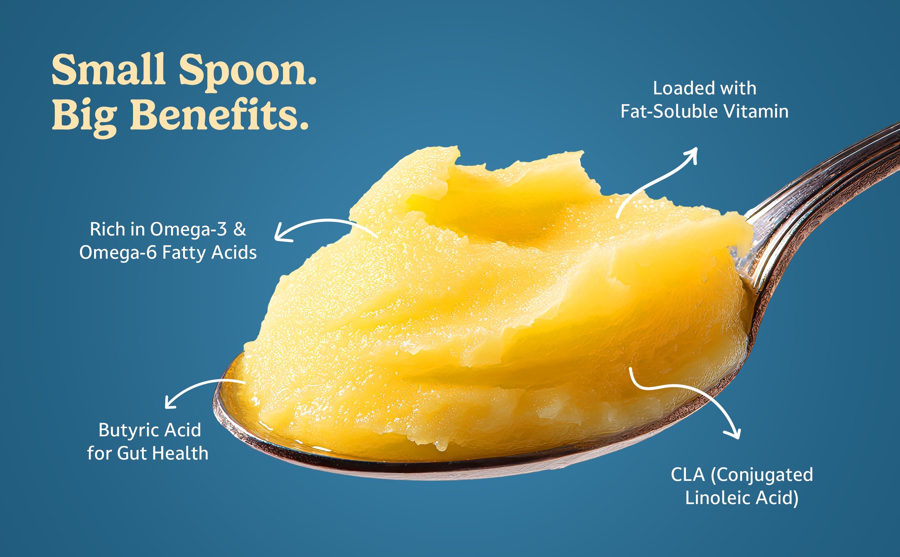 Spoonful of yellow substance with health benefits text on a blue background.