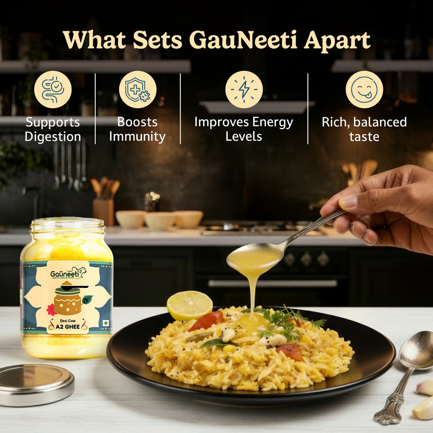 GauNeeti ghee jar with a plate of food and a spoonful being poured, set against a kitchen background.