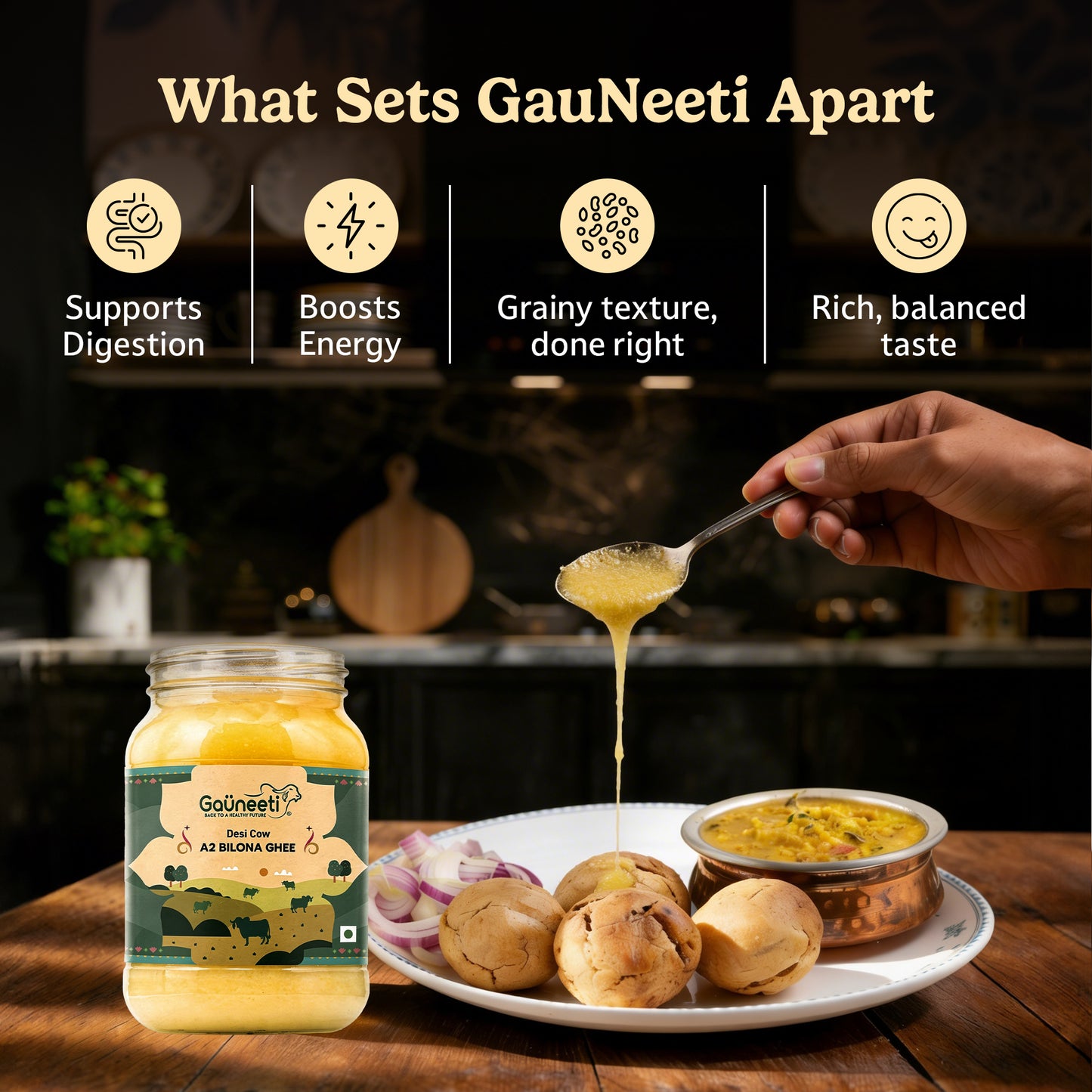GauNeeti ghee jar with a spoonful being poured over food on a wooden table.
