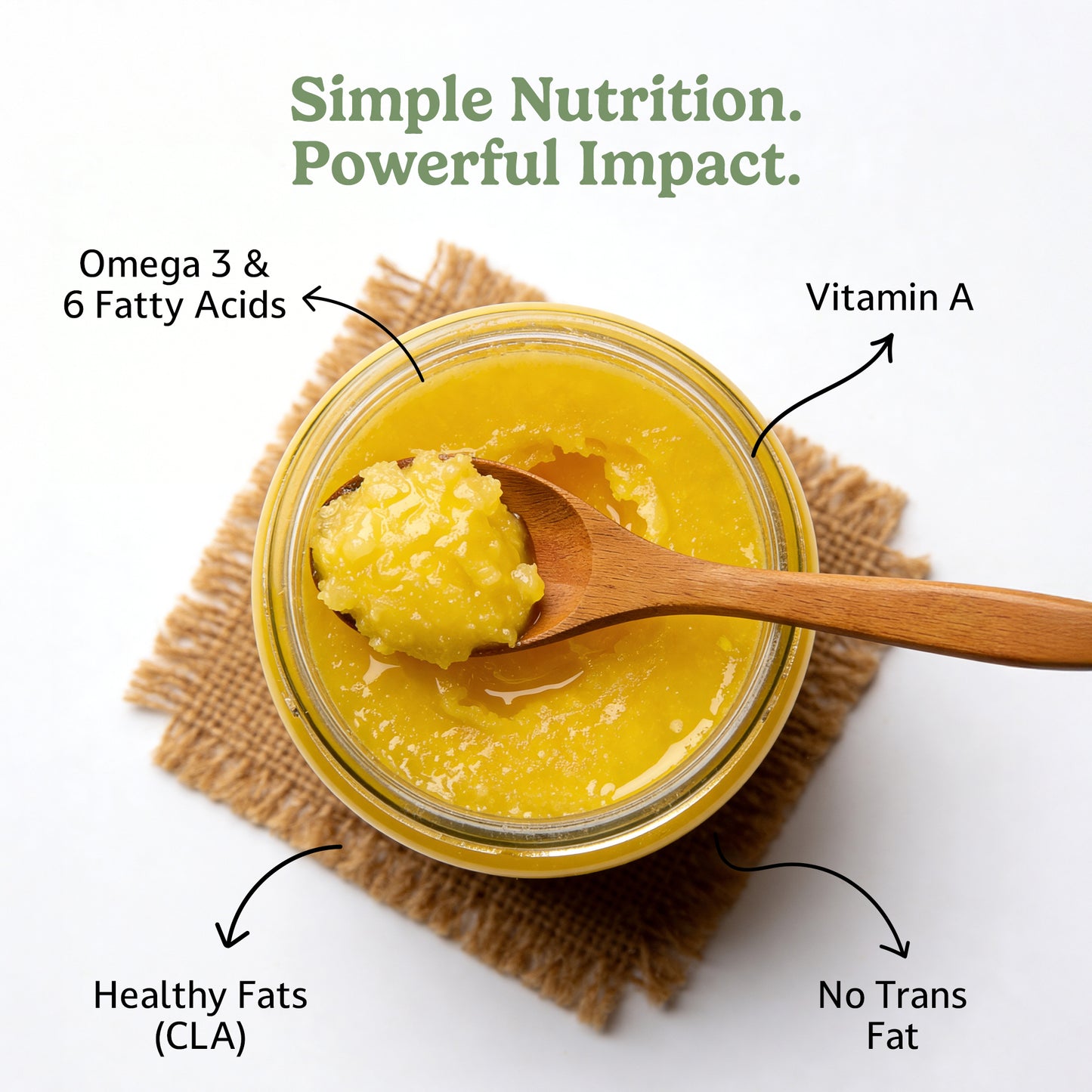 Jar of Ghee with a wooden spoon, labeled with health benefits on a white background.