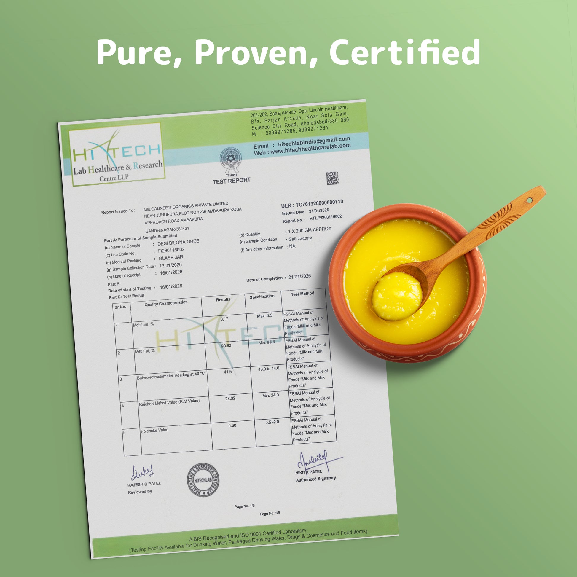 Certified lab report with a bowl of yellow substance and a spoon on a green background