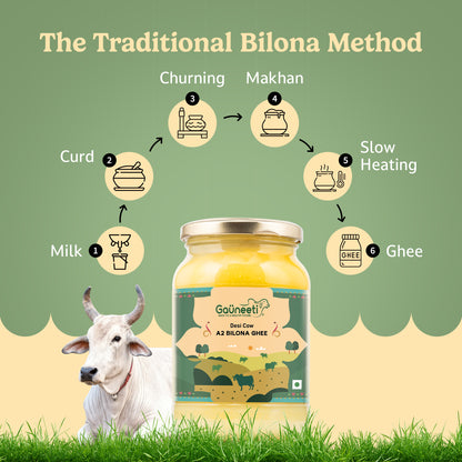 Diagram of the traditional Bilona method for making ghee with a jar of ghee and a cow on a green background.
