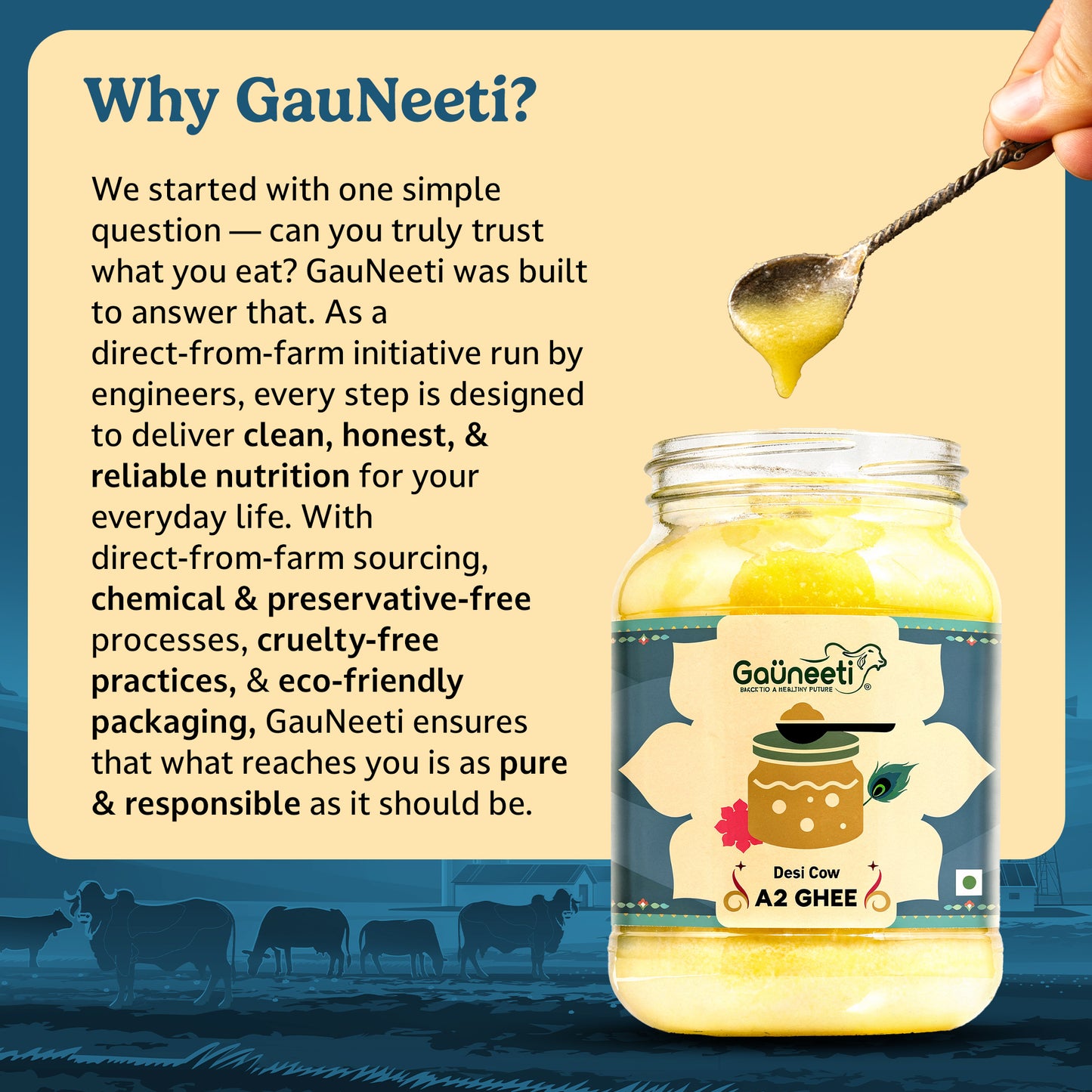 GauNeeti ghee jar with a spoonful of ghee and text about the brand's values.
