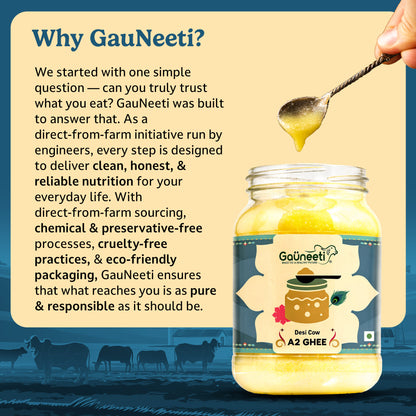 GauNeeti ghee jar with a spoonful of ghee and text about the brand's values.