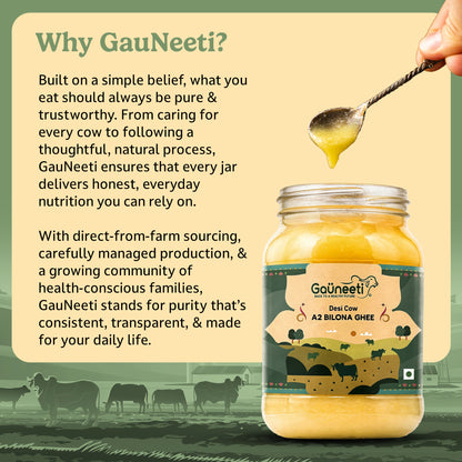 Jar of GauNeeti ghee with a spoonful being lifted, text about the brand's values.
