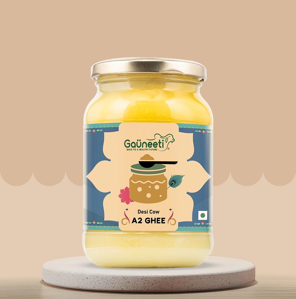 Jar of Gauneeti Desi Cow A2 Ghee on a beige background.